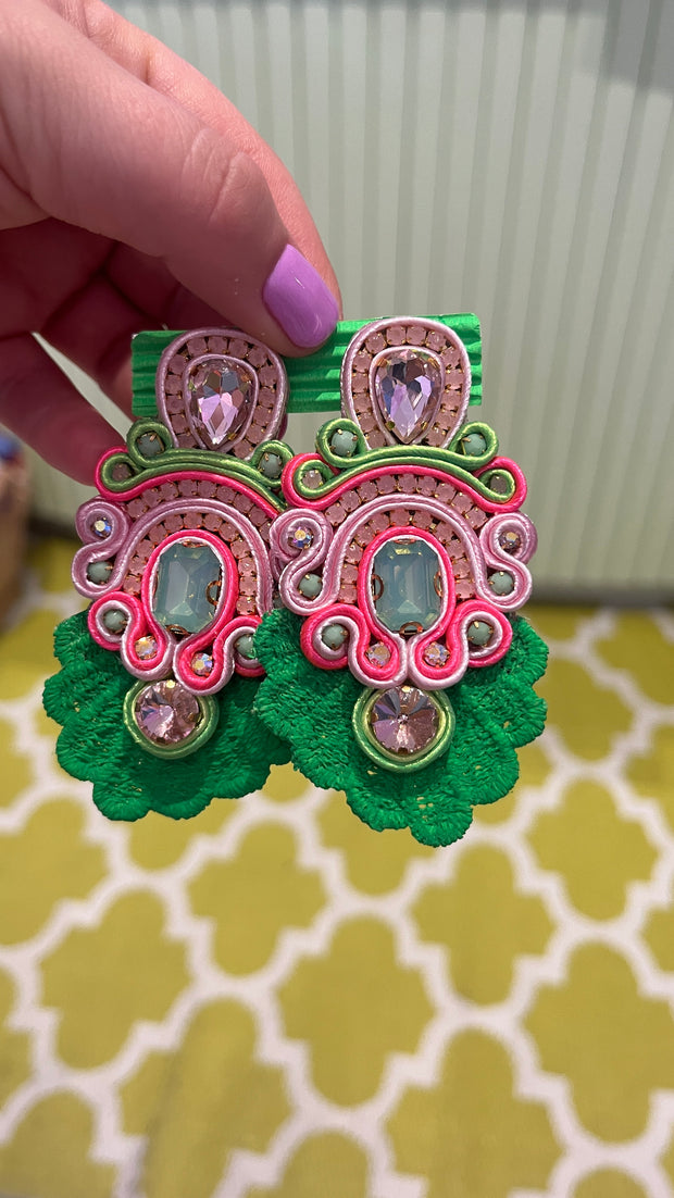 South American Earrings - Lace extra crystals - Green, Pink, Lumo Pink - Elizabeth Summer