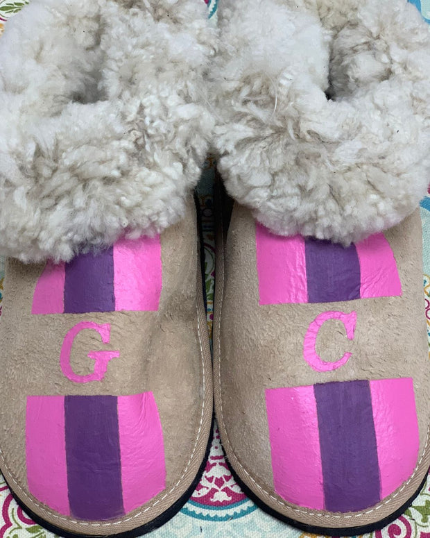 Natural Adult Slippers: Personalised Monogram with Stripes - Elizabeth Summer