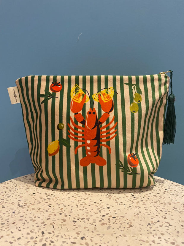 Green Striped Lobster - Velvet Makeup Bag