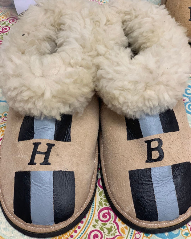 Natural Adult Slippers: Personalised Monogram with Stripes - Elizabeth Summer