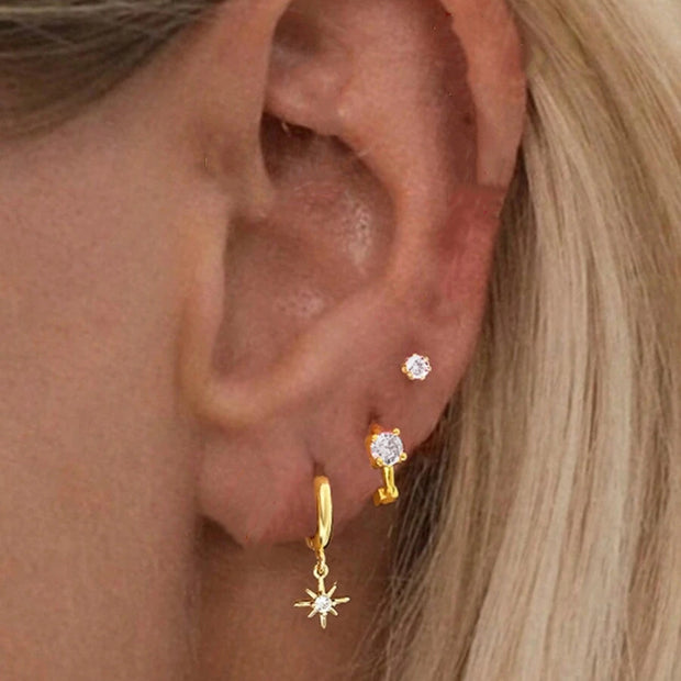 Tarnish Free - 3 Pack Earrings - Silver Eight-pointed Star - Elizabeth Summer