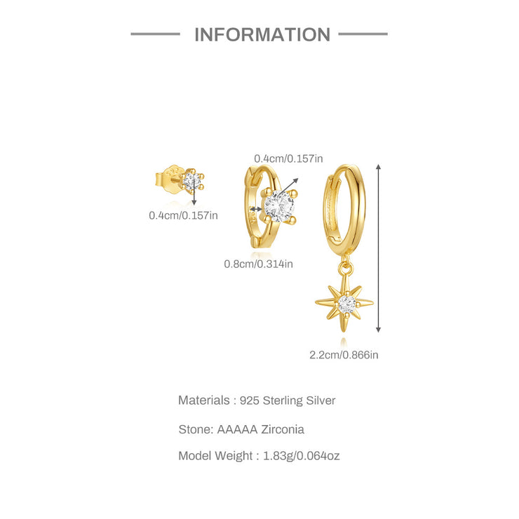 Tarnish Free - 3 Pack Earrings - Silver Eight-pointed Star - Elizabeth Summer