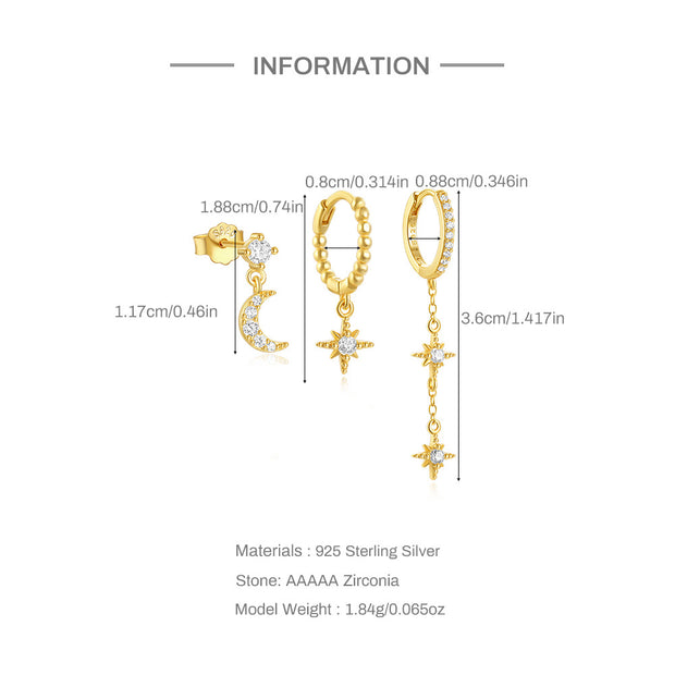 Tarnish Free - 3 Pack Earrings - Silver Eye + Moon + Star Zirconia Half-Pave Stud Earring - Elizabeth Summer