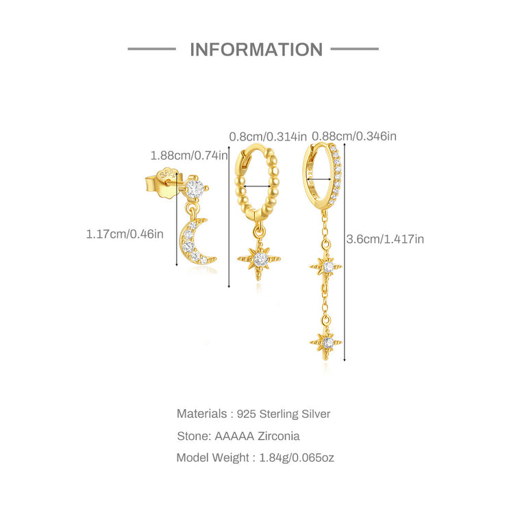 Tarnish Free - 3 Pack Earrings - Silver Eye + Moon + Star Zirconia Half-Pave Stud Earring - Elizabeth Summer