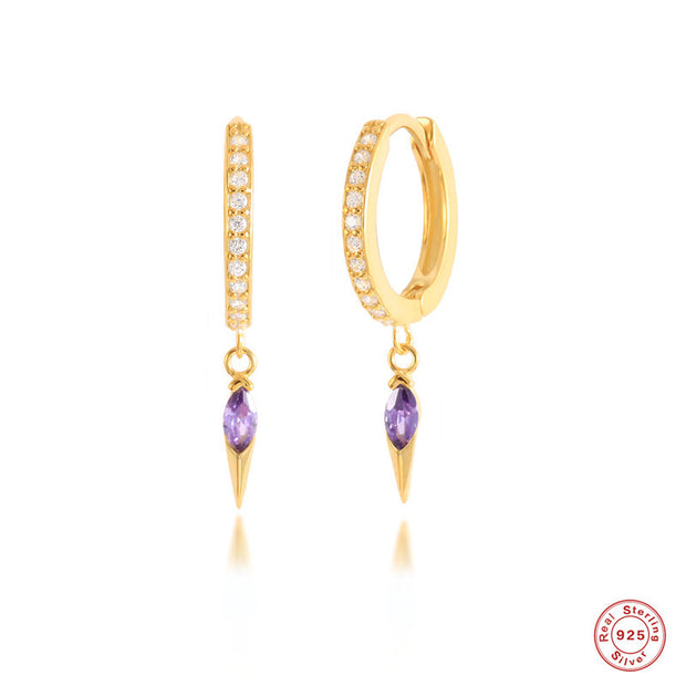 Tarnish Free - Earrings - Silver Diamond Pave Rivet Pendant Huggie Earring With Purple Stone - Elizabeth Summer