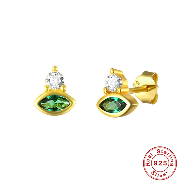 Tarnish Free - Earrings - Studs with Zirconia and Green Stone - Elizabeth Summer
