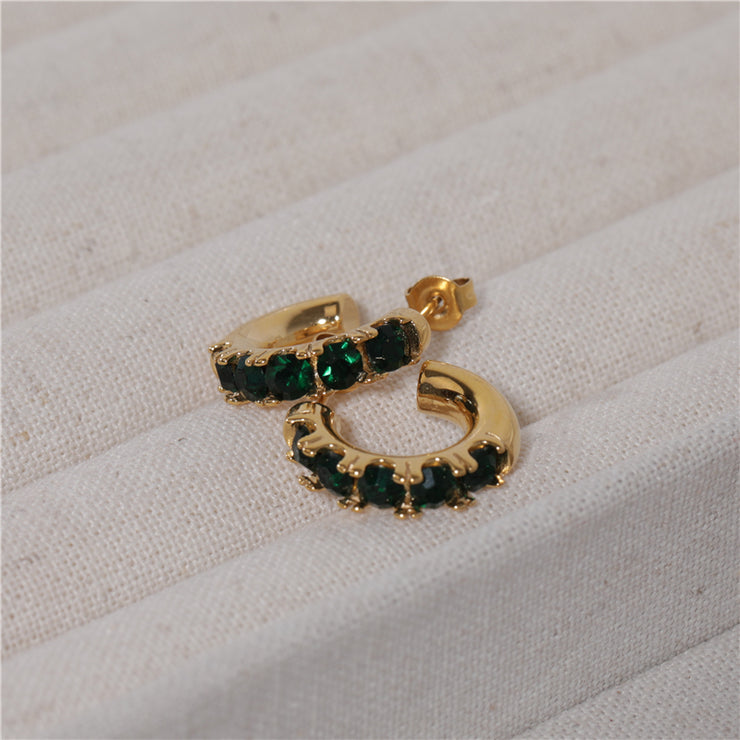 Tarnish Free - Earrings - Hoop Green Stones