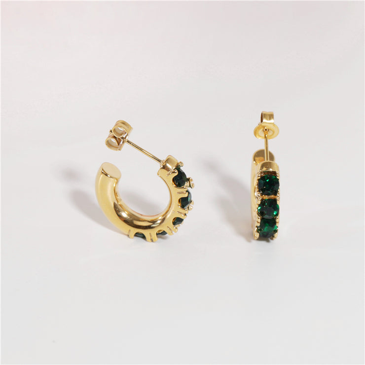 Tarnish Free - Earrings - Hoop Green Stones