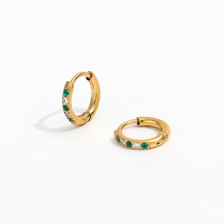Tarnish Free - Earrings - Huggies with green & clear stones