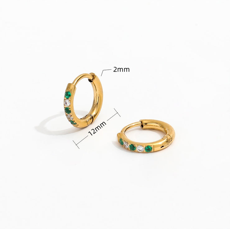 Tarnish Free - Earrings - Huggies with green & clear stones