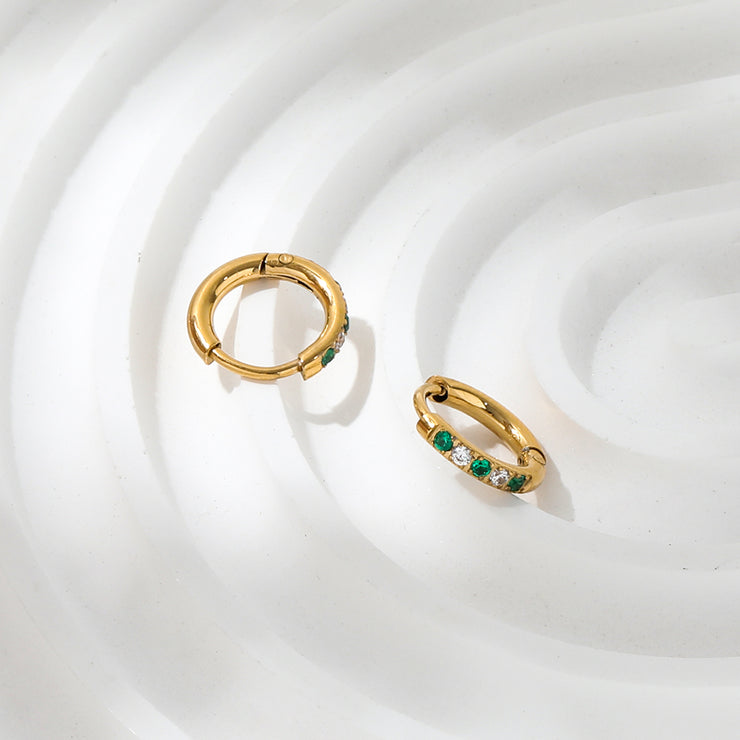Tarnish Free - Earrings - Huggies with green & clear stones