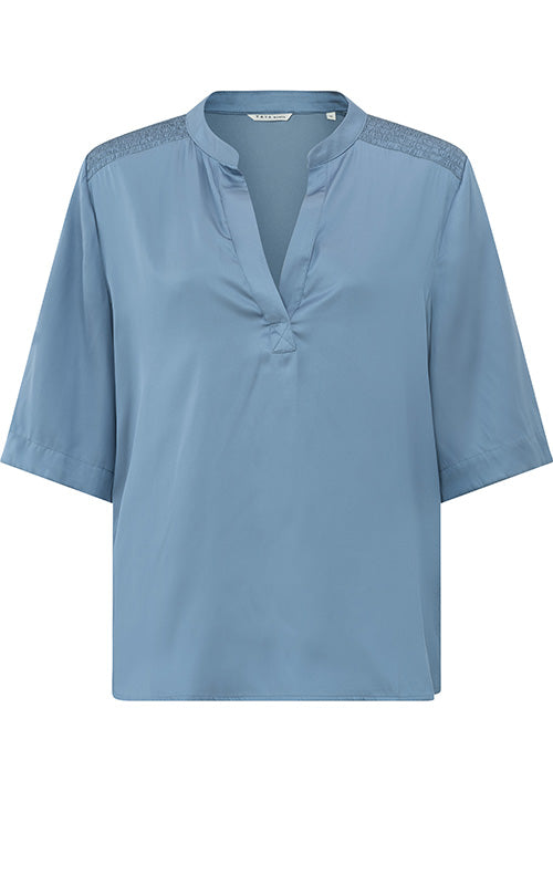 YAYA - Satin V neck top with smock - Infinity Blue