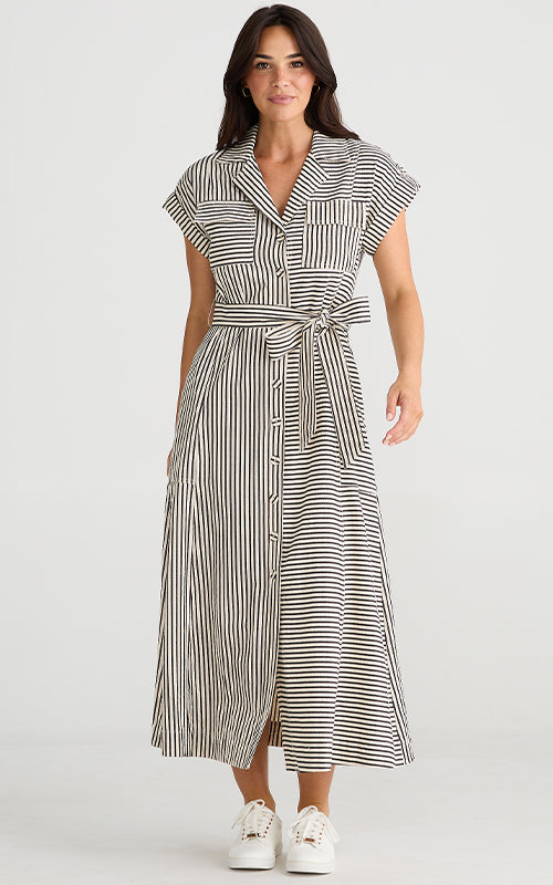 Brave & True - Portia Dress - White with Black Stripe