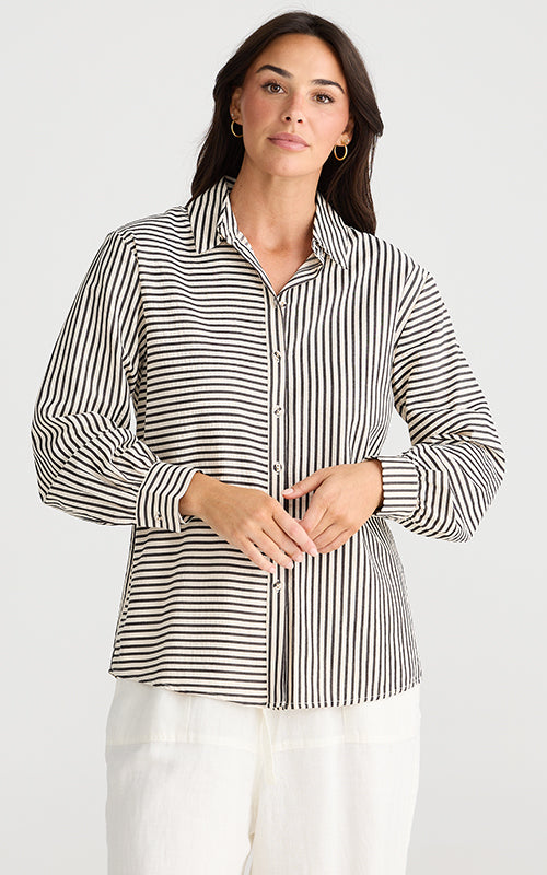 Brave & True - Audrey Shirt - White with Black stripe