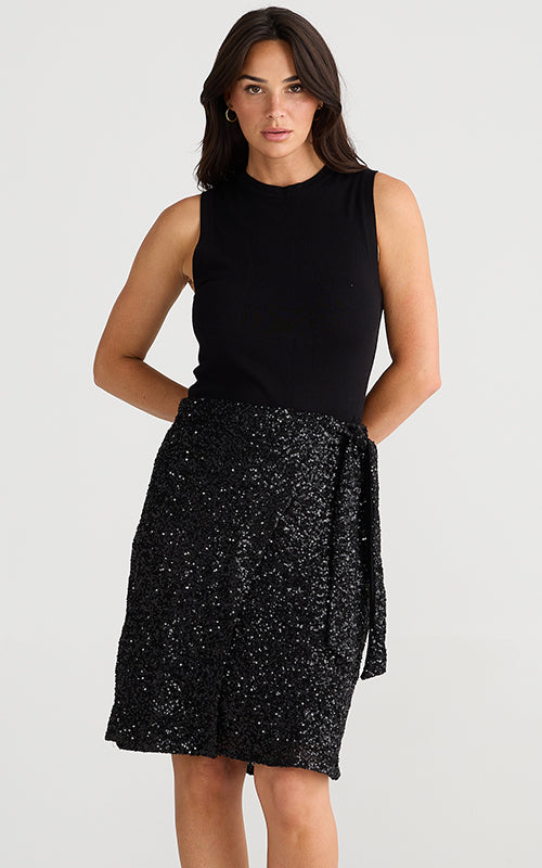 Brave & True - Mae Wrap Skirt - Black Sequin