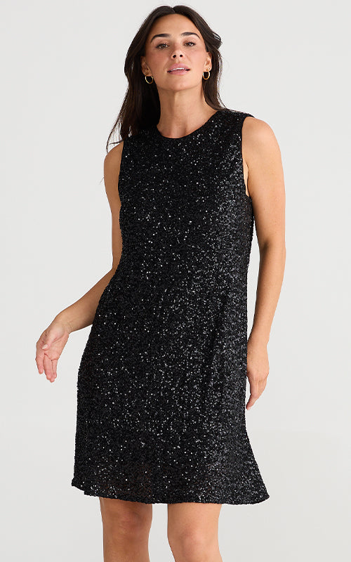 Brave & True - Show Stopper Swing Dress - Black Sequin