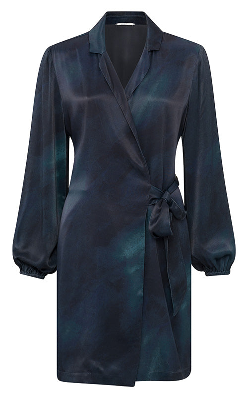 YAYA - Dress - Printed Blazer Wrap Dress - Blueberry Blue Satin - Elizabeth Summer