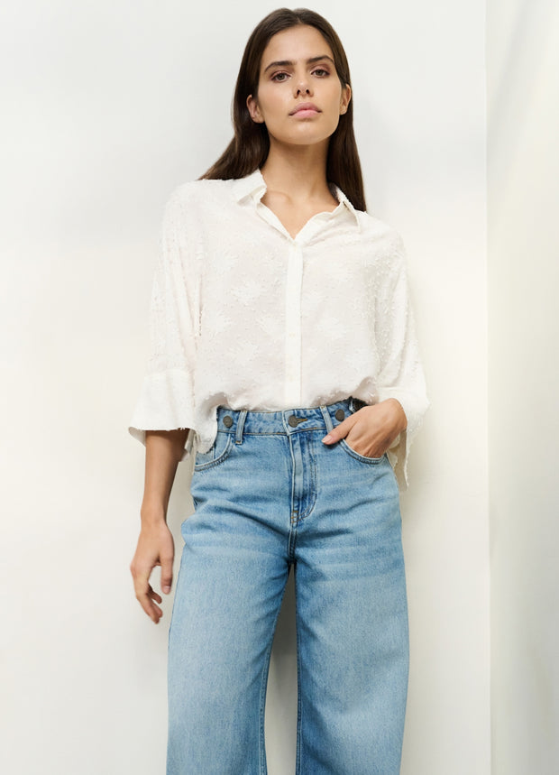 YAYA - Cropped Loose Fit Jacquard Blouse - Off White - Elizabeth Summer
