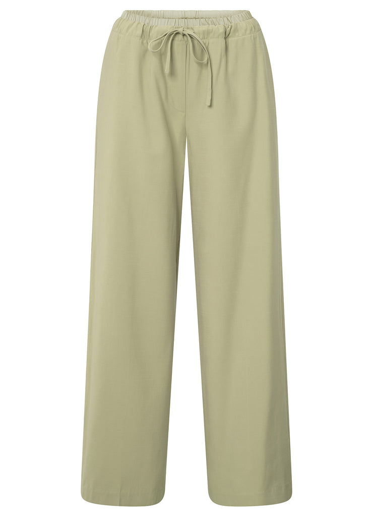 YAYA - Woven Wide Leg Trousers With Elastic Satin Contrast Waistband - Soft Green - Elizabeth Summer