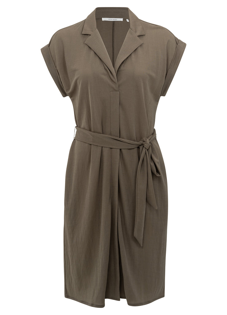 YAYA - Jersey Dress With Blouse Collar - Greyish Brown - Elizabeth Summer