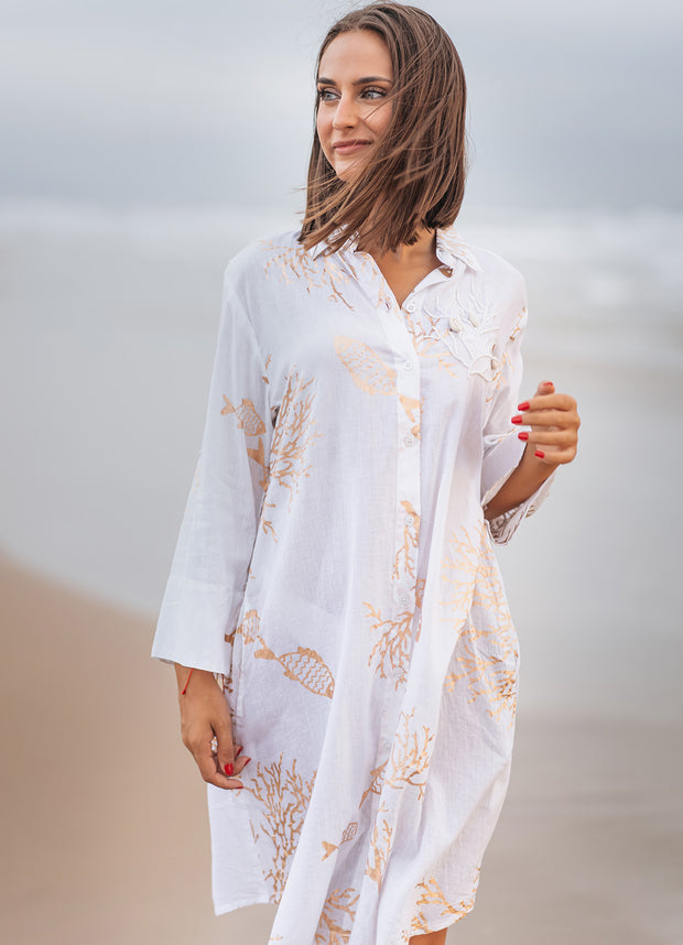 Isla Bonita - Shirt Dress - White and Rose Gold Coral - Elizabeth Summer