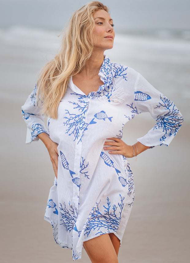 Isla Bonita - Shirt Dress - White & Blue Coral - Elizabeth Summer