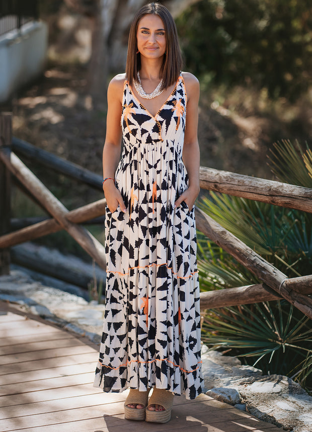 Isla Bonita - Long Dress - Black and white with Lumo Orange - Elizabeth Summer