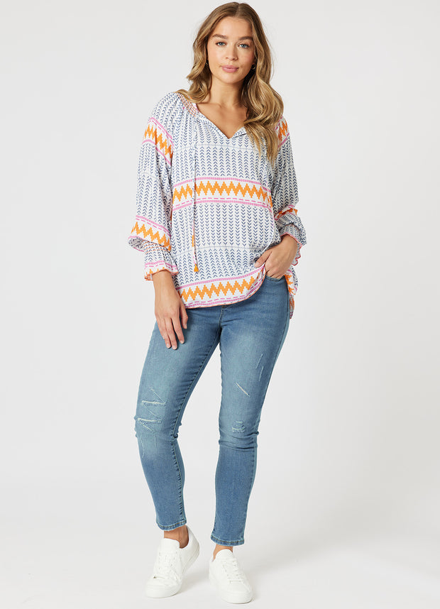 Threadz - Geo Print Top - Indigo Multi