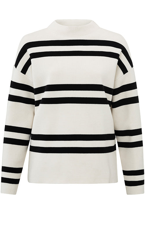 YAYA - Sweater - Block Stripe High Neck - Chalk White