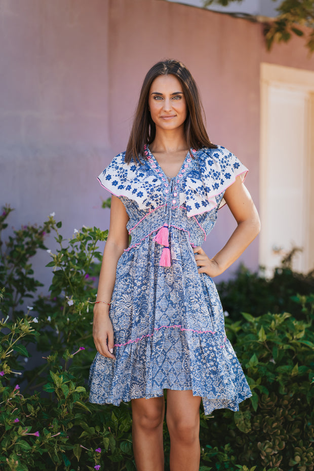 Isla Bonita - Short Dress - Blue and Pink frill - Elizabeth Summer