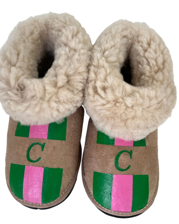 Natural Adult Slippers: Personalised Monogram with Stripes - Elizabeth Summer