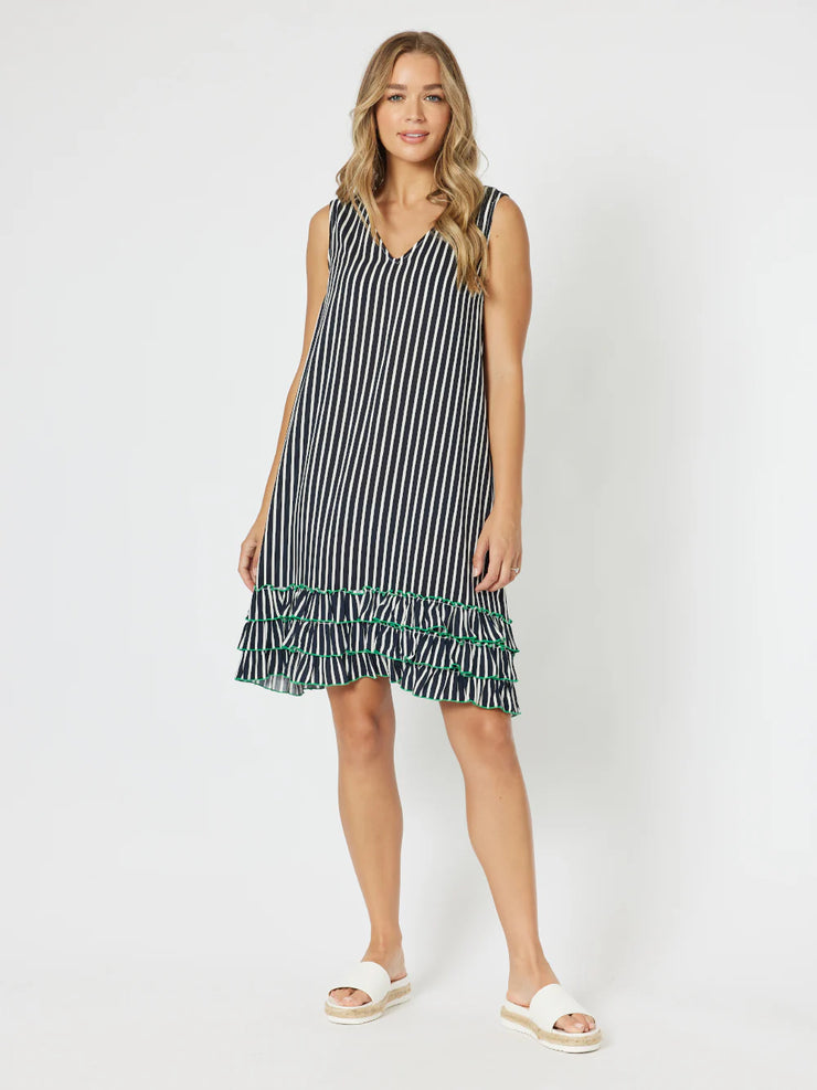 Threadz - Stripe Frilled Hem Dress - Navy