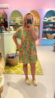 Lulu Button Dress - Green, pink and orange swirl - Elizabeth Summer