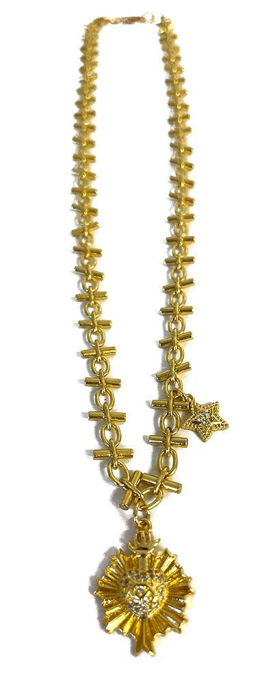 QM Necklace - Tbar chain with sparkly heart and star - Elizabeth Summer