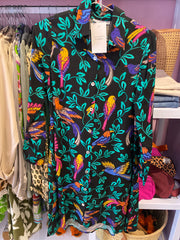 Shirt Dress - Black tropical pattern