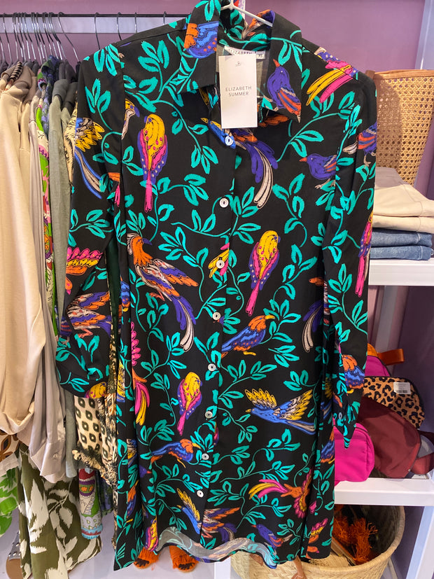 Shirt Dress - Black tropical pattern