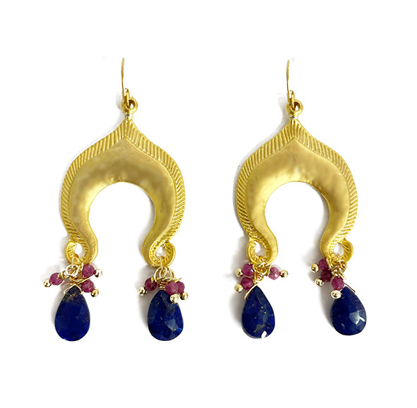 QM Earrings - Gold Twirl with ruby rondelles and lapis - Elizabeth Summer