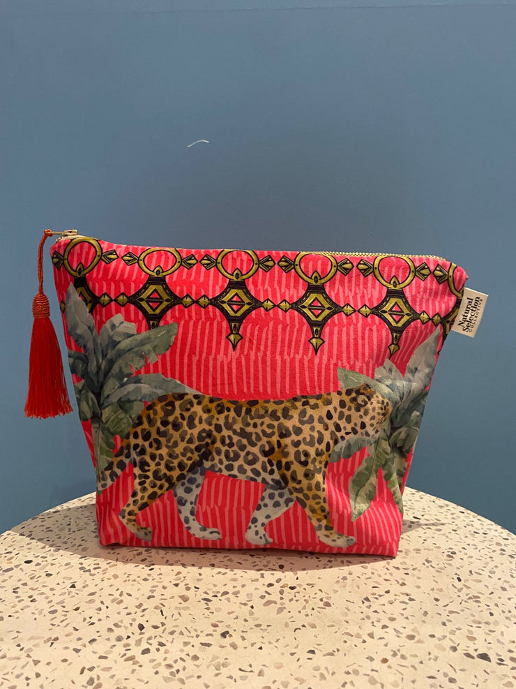 Pink Jewelled Leopard - Velvet Makeup Bag