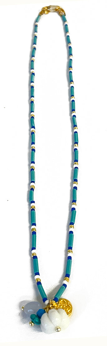 QM Necklace - Turquoise tube beads with gem cluster - Elizabeth Summer