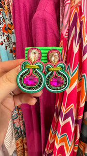 South American Earrings - Small Round - Lumo Green and Pink