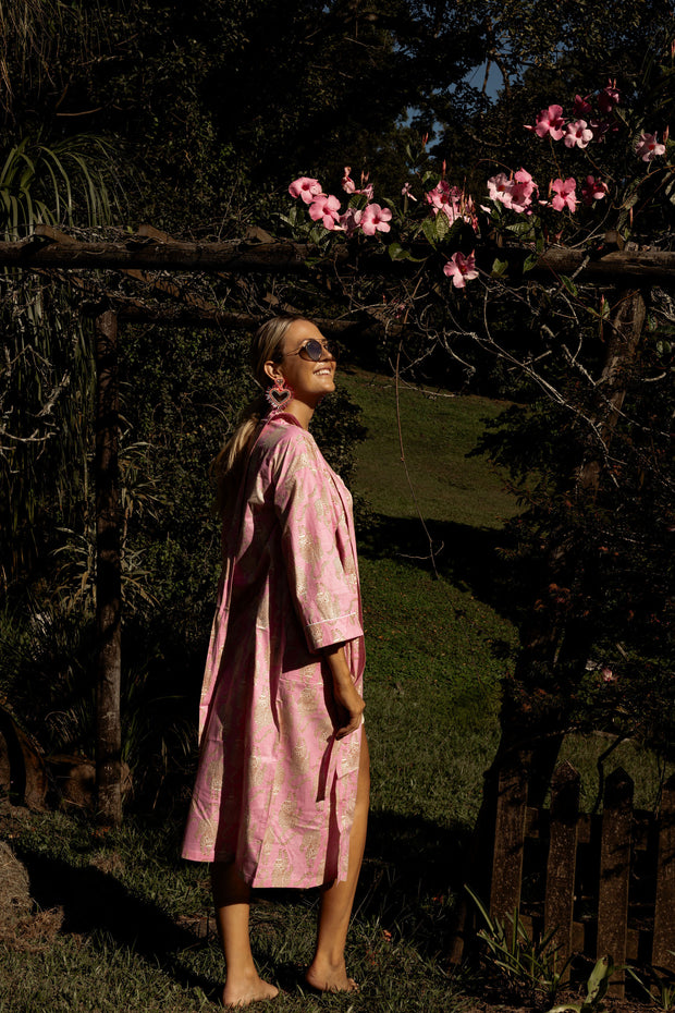 Gown/Kimono - Indian Cotton - Pink Leopards - Elizabeth Summer