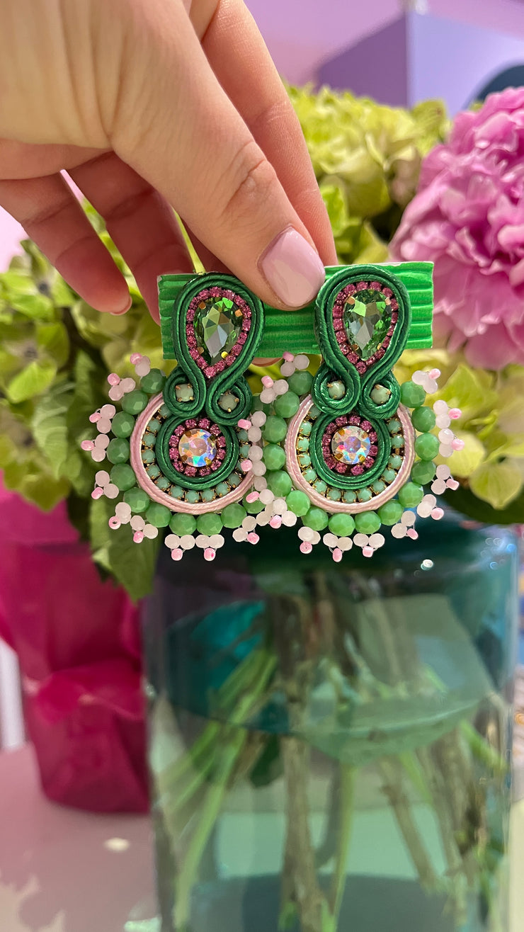 South American Earrings - Round Beaded - green & pale pink - Elizabeth Summer