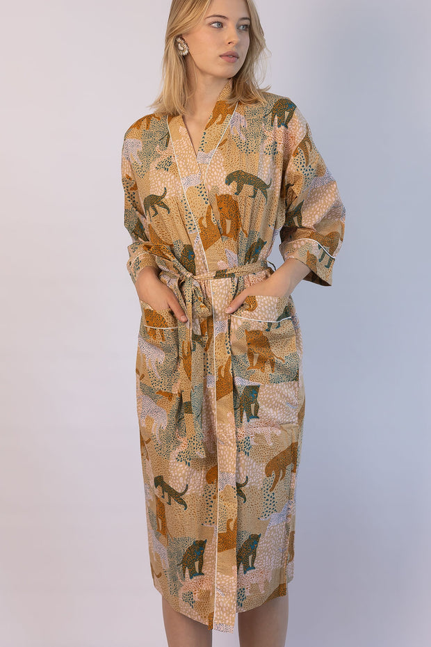 Gown/Kimono - Indian Cotton - Brown With Leopards - Elizabeth Summer