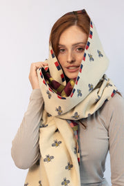 Bee Print Scarf - Cream with navy and red boarder - Elizabeth Summer