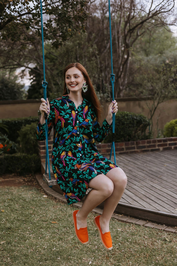 Shirt Dress - Black tropical pattern