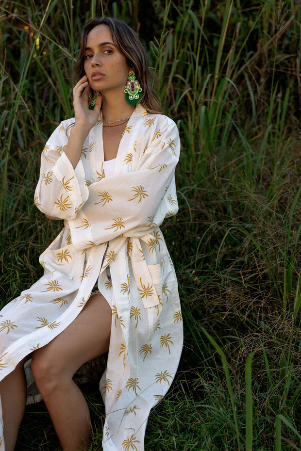 Gown/Kimono - Indian Cotton - Yellow Palm Trees - Elizabeth Summer