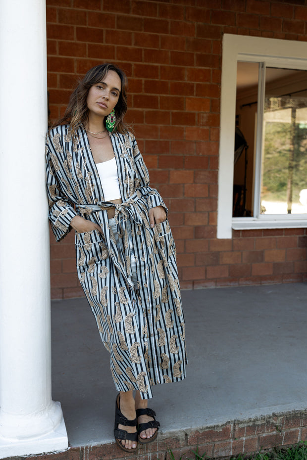 Gown/Kimono - Indian Cotton - Grey Leopards - Elizabeth Summer