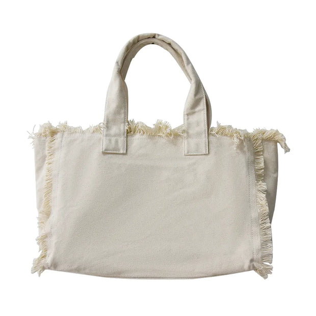 Monogram Fringe Beach Bag - White - Elizabeth Summer