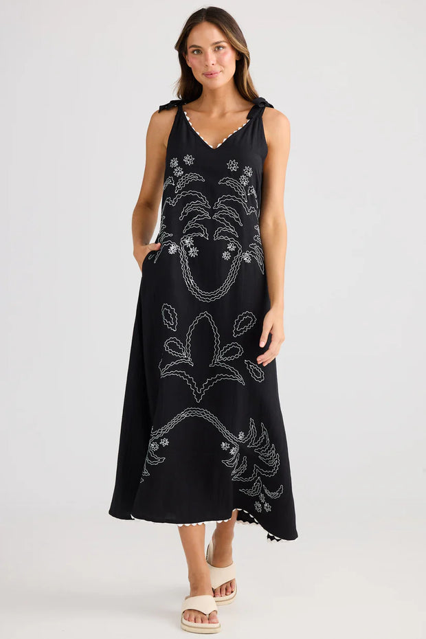 Holiday Australia - Deira Embroidered Dress - Black w White Embroidery