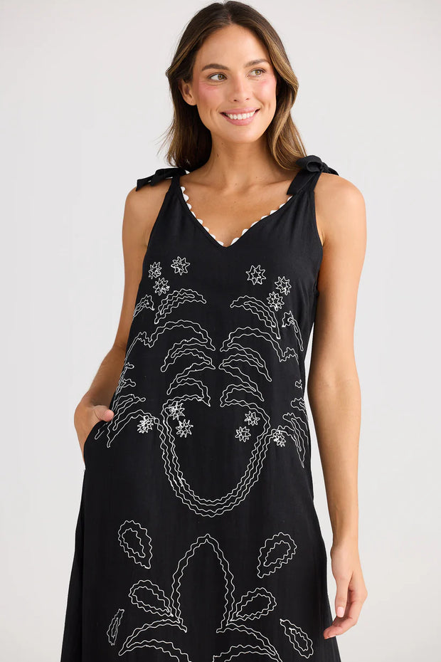 Holiday Australia - Deira Embroidered Dress - Black w White Embroidery